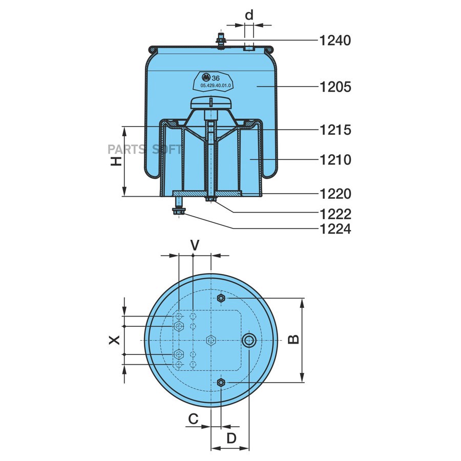 Пневморессора BPW36 / 881MBP30 .  пластик ст-190мм V=45/80 /  0542943510